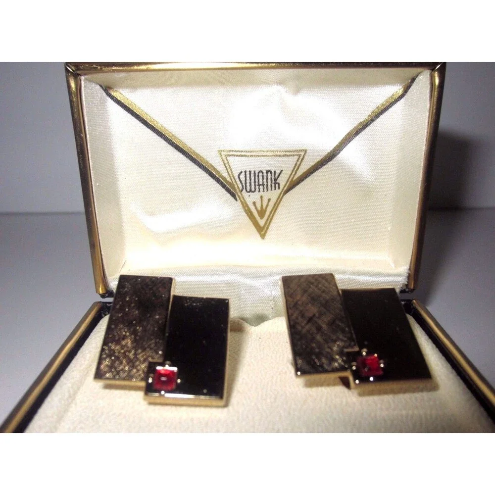 Vintage Signed Swank Cufflinks - Goldtone & Red Rhinestone Garnet - Original Box